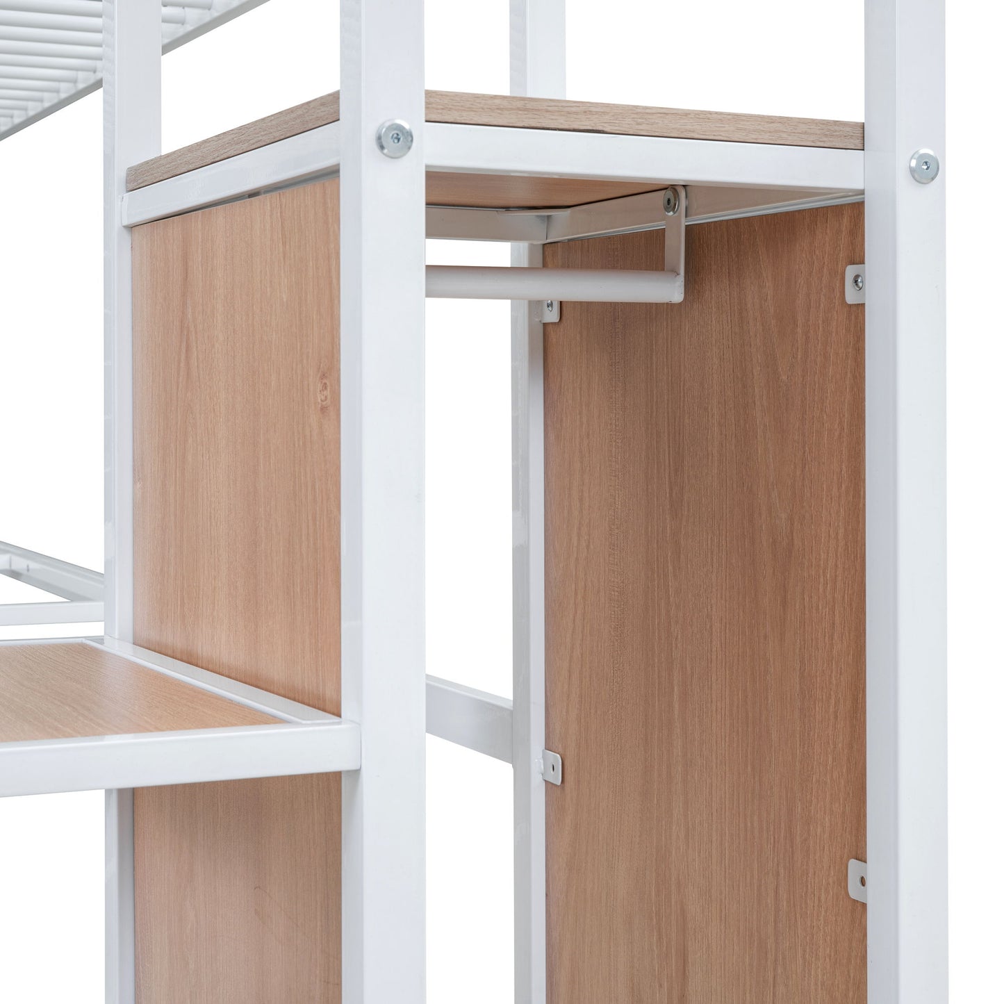 Twin Size Loft Bed With Desk And Grid, Stylish Frame With Lateral Storage Ladder And Wardrobe - White
