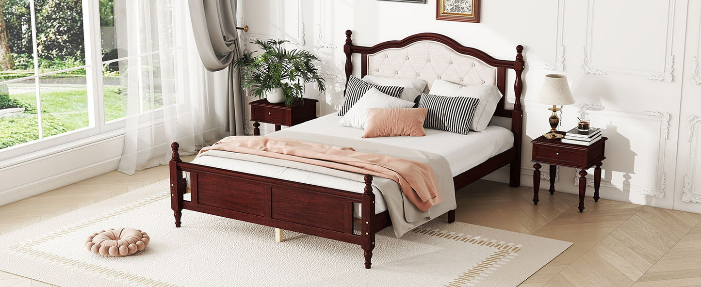 Queen Pine Wooden Bed With Upholstered Headboard And Panel Footboard, With Two Bed Rail Support Feet And Central Platform Support Feet, Classic - Cherry
