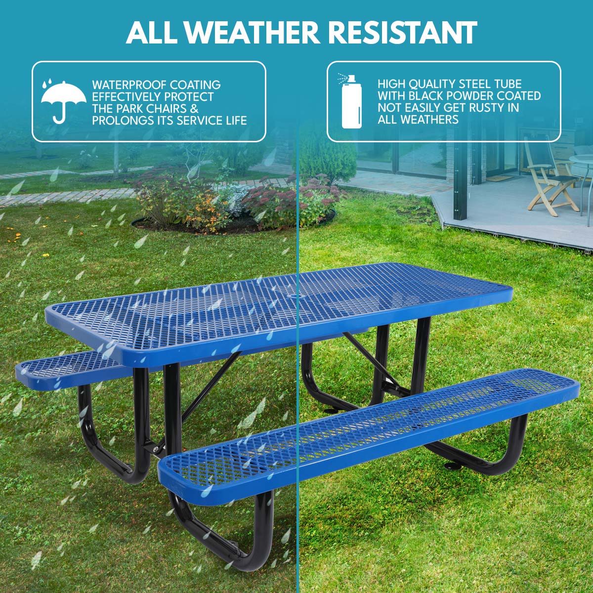 Outdoor Steel Picnic Rectangular Table With Umbrella Pole - Blue