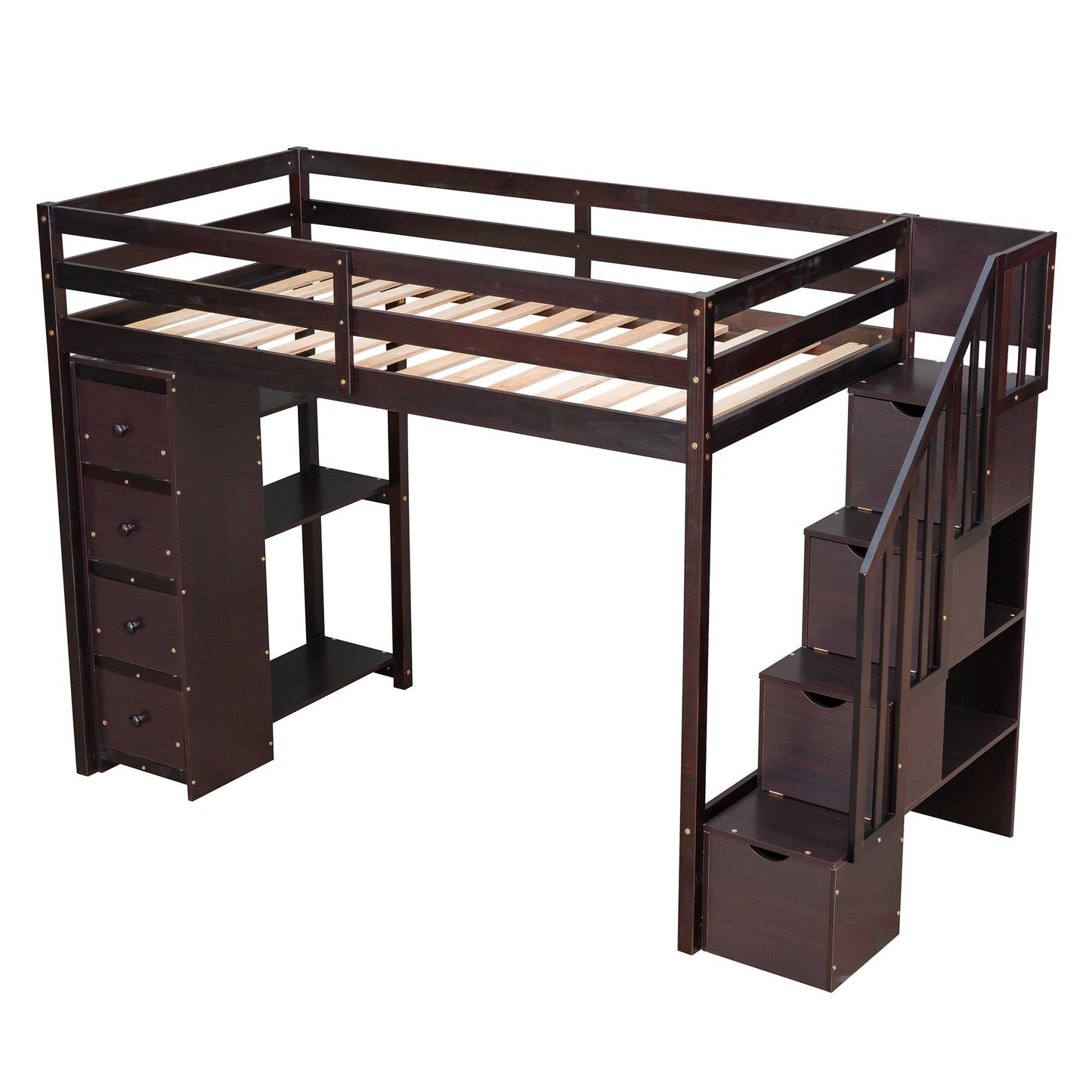 Twin Size Loft Bed With Storage Drawers And Stairs With Shelves - Espresso