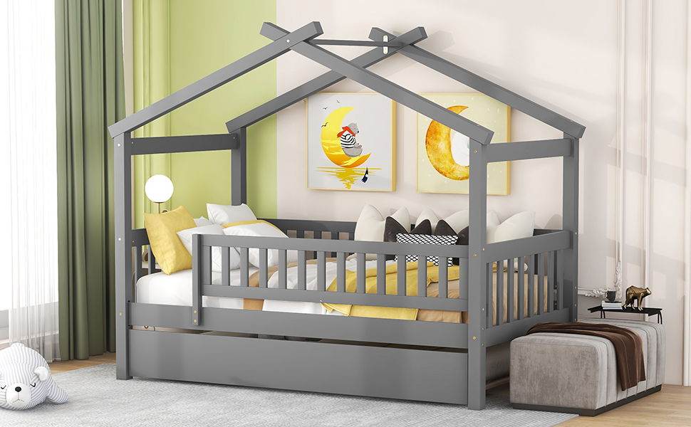 Twin Size House Bed & Twin Size Trundle - Gray