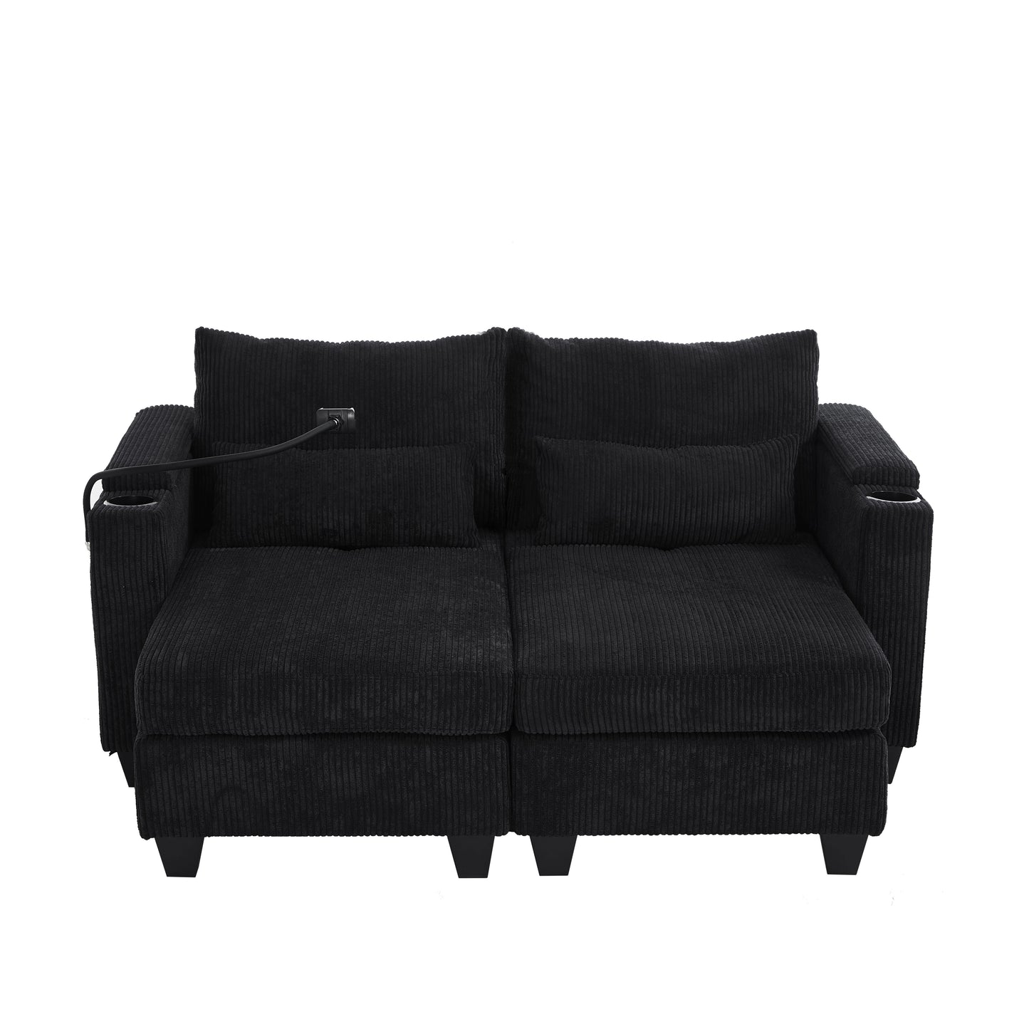 Convertible Chaise Lounge Loveseat Sofa Bed With USB Ports, Cup Holders, Phone Holder & Storage - Black