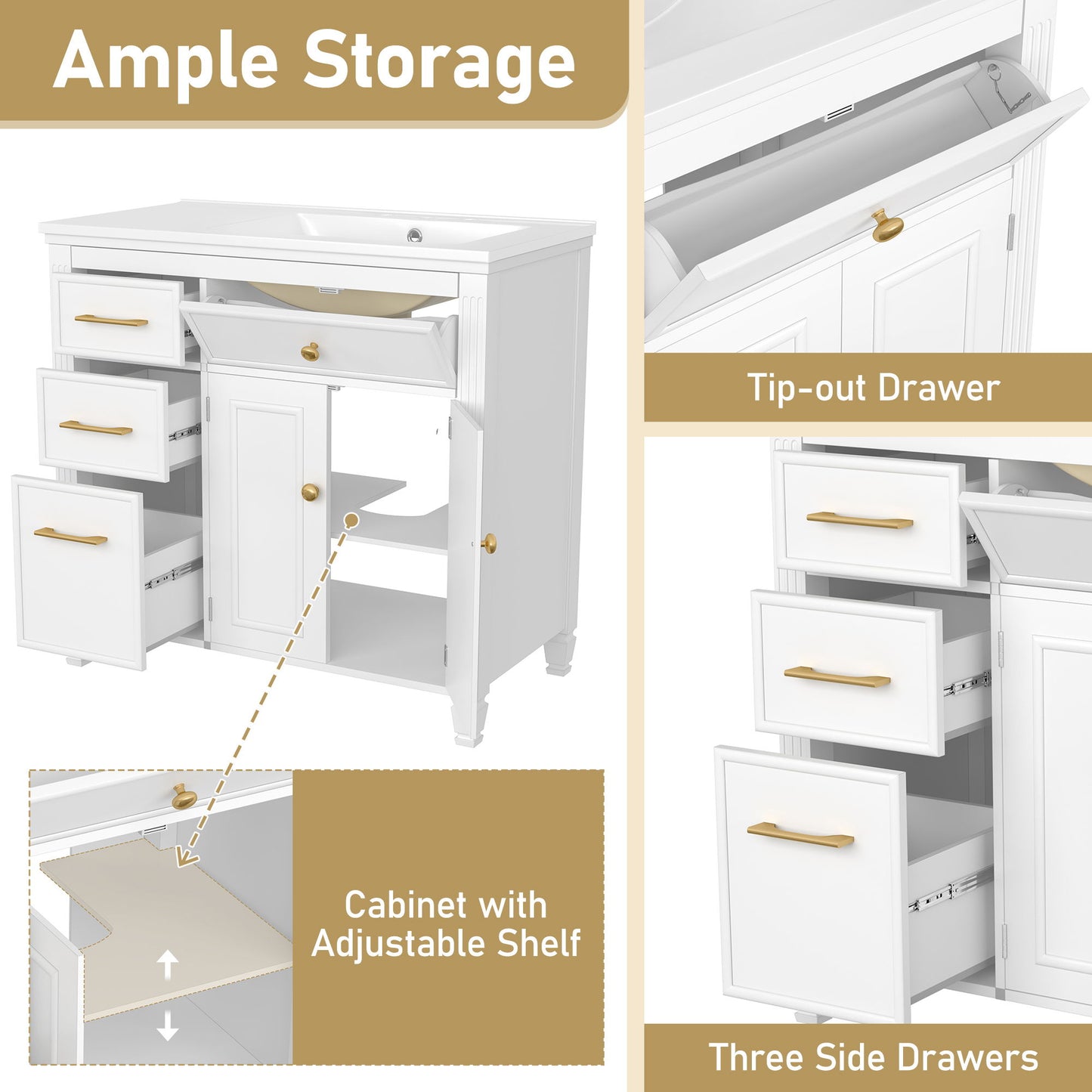 Modern Bathroom Vanity With Ceramic Sink, Freestanding, One Tip - Out Drawer, 3 Side Drawers, Adjustable Shelf - White