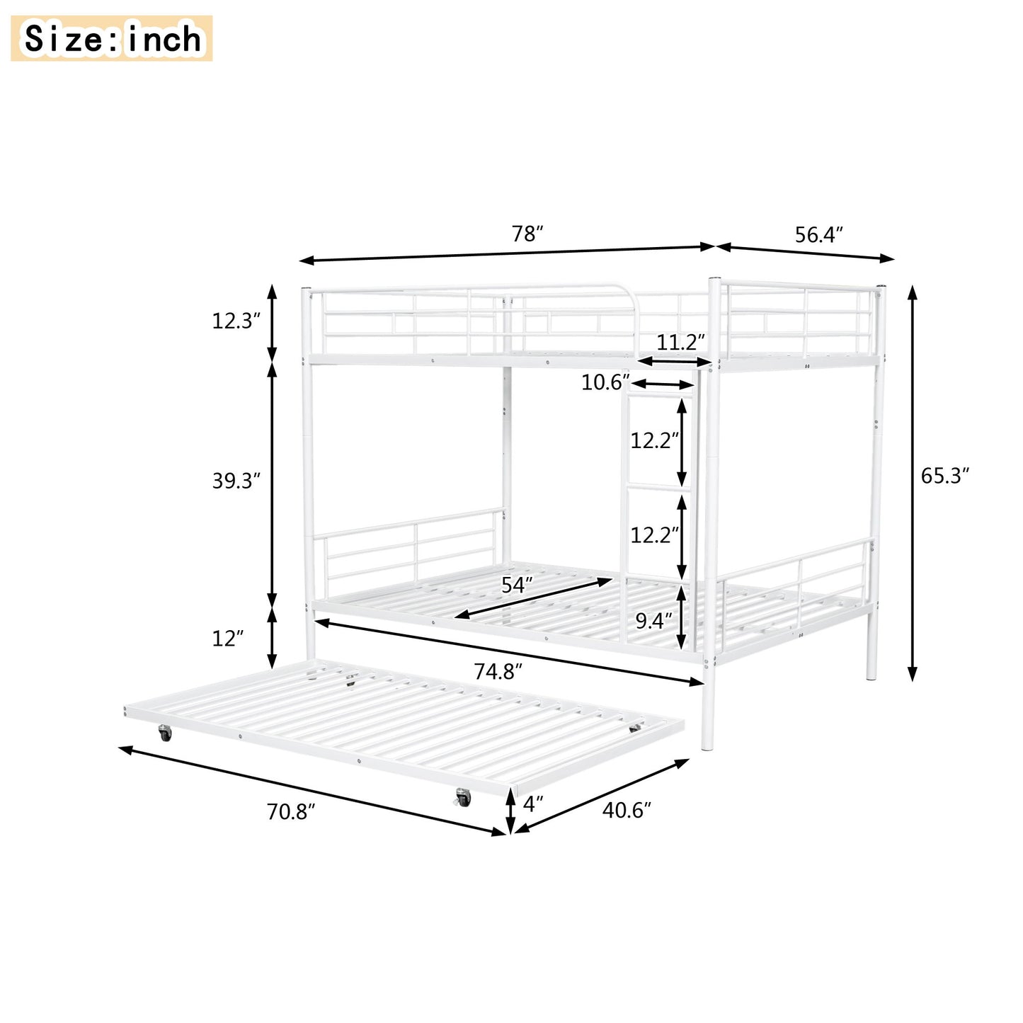 Full Over Full Metal Bunk Bed With Trundle - White
