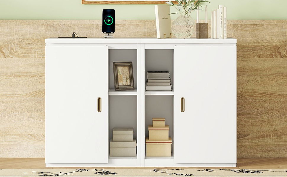 Full Size Murphy Bed With Shelves, Cabinets And USB Ports - White