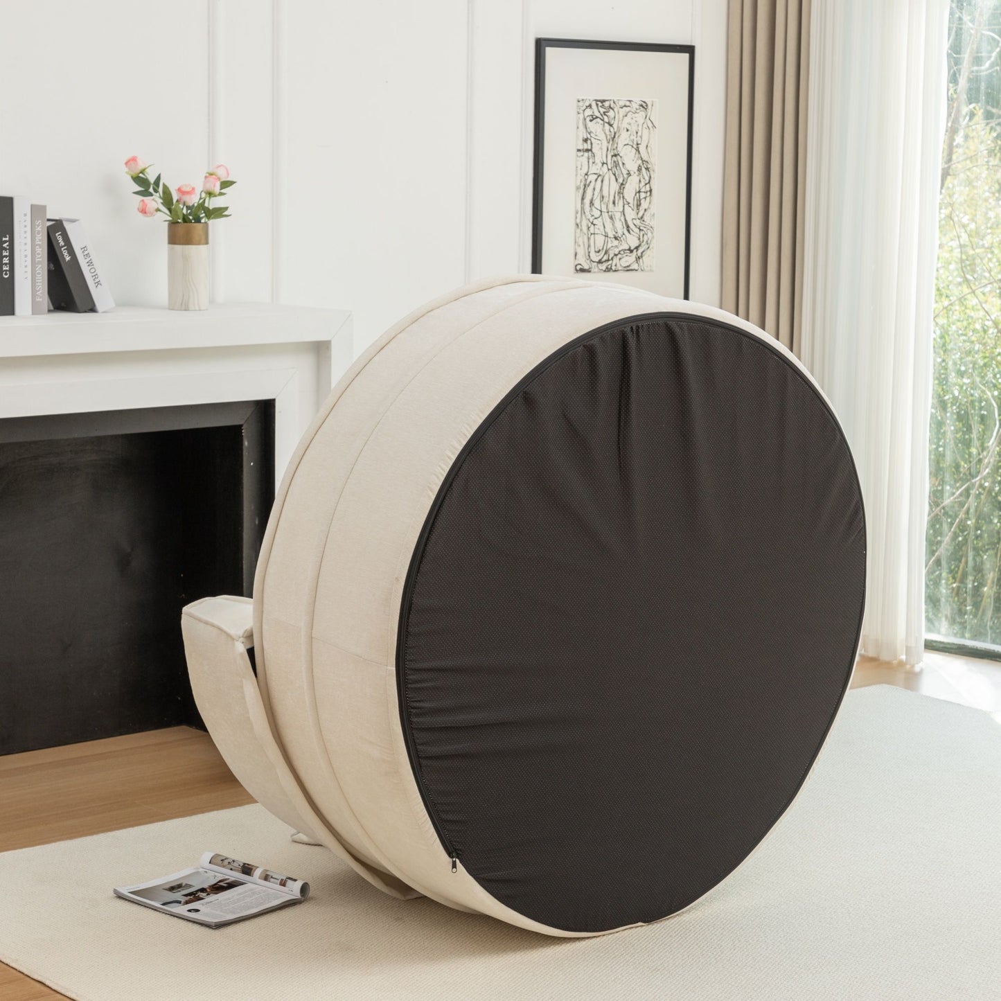 Modern Oversized Round Barrel Accent Chair With Ottoman Velvet Upholstered Lounge Armchair With 5 Pillows For Living Room Or Bedroom - Beige