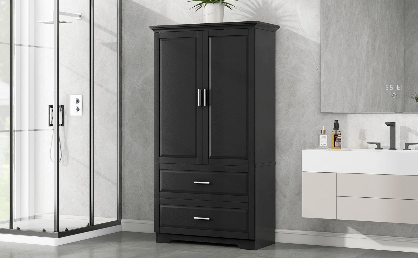 Tall Bathroom Storage Cabinet, Cabinet With 2 Doors And Drawers, Adjustable Shelf - Black