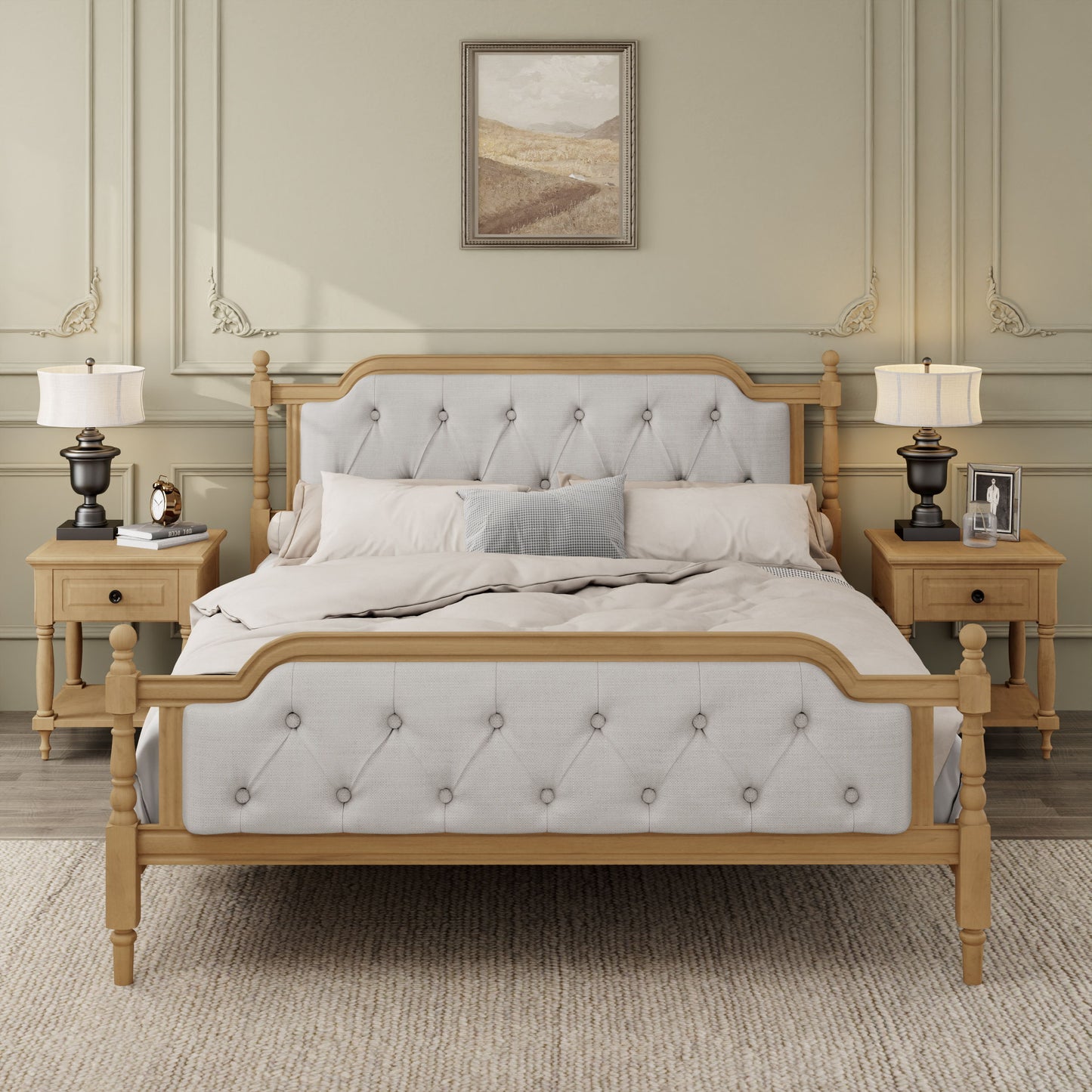 King Size Traditional Style Solid Bed Frame With Upholstered Tufted Headboard, No Box Spring Needed - Walnut