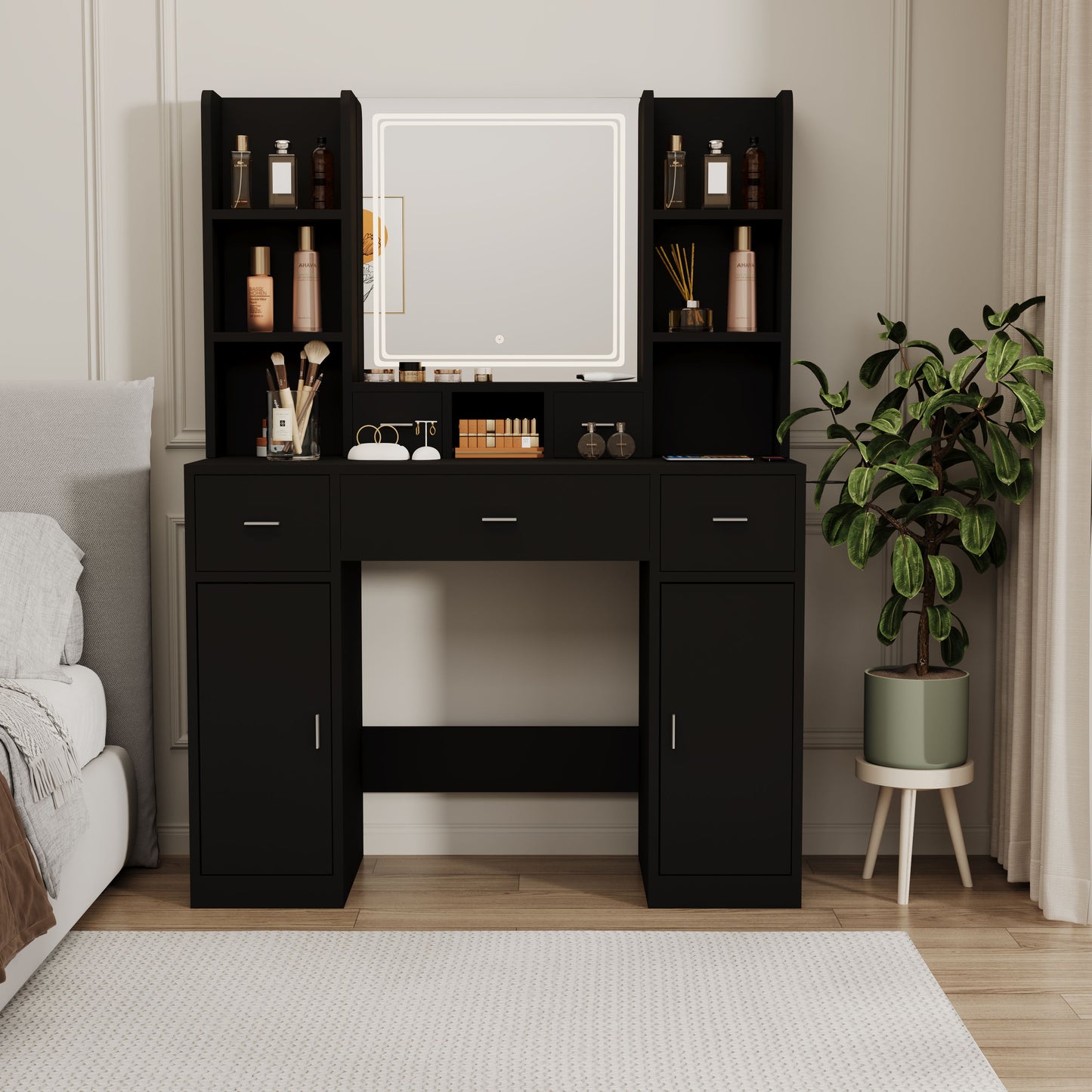 43.31" Newly Designed Smart Mirror Dressing Table With Drawers And Storage Cabinet, Dressing Table With Dressing Pad For Bedroom, Dressing Room - Black