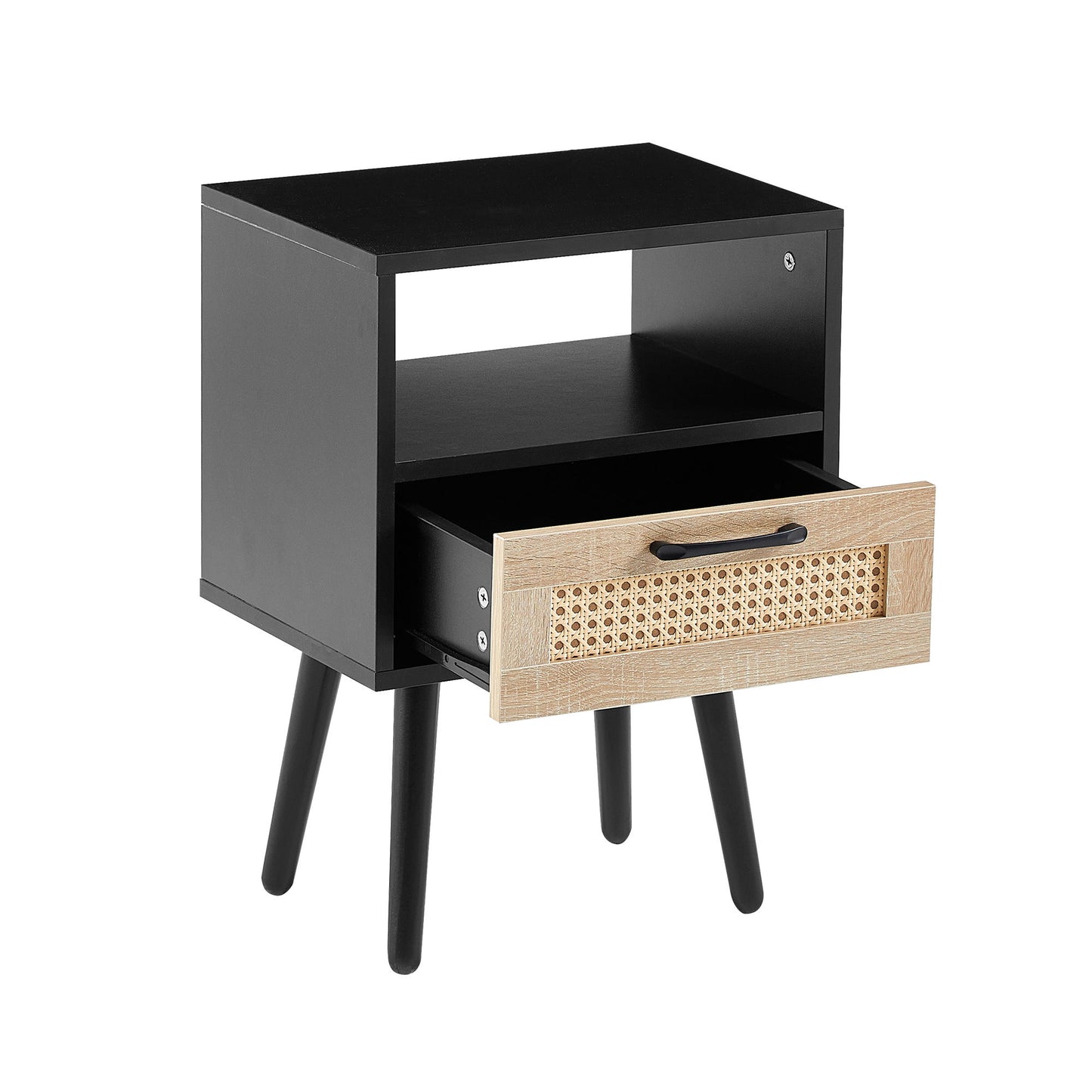 15.75" Rattan End Table With Drawer And Solid Wood Legs, Modern Nightstand, Side Table For Living Room, Bedroom - Black