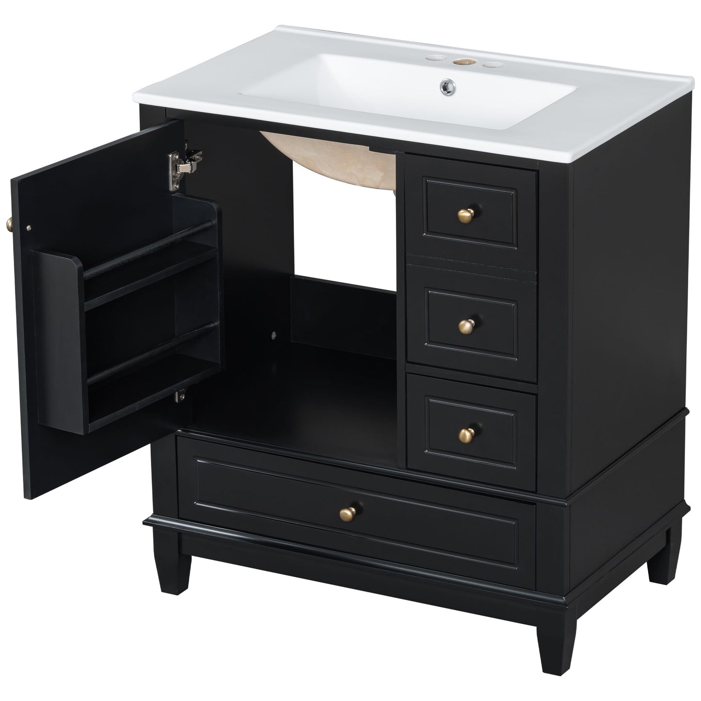 30" Bathroom Vanity With Sink, 1 Door With Shelf And 3 Drawers, Soft Close Door - Black