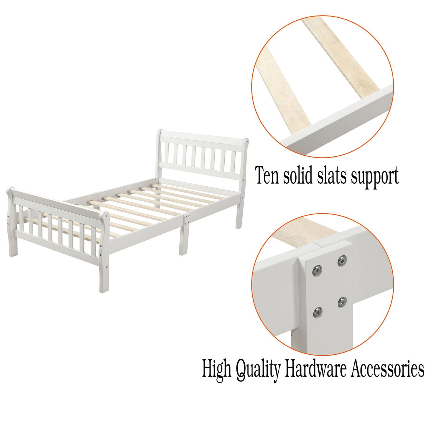 Twin Platform Bed, Mattress Foundation Sleigh Bed With Headboard, Footboard, Slat Support - White