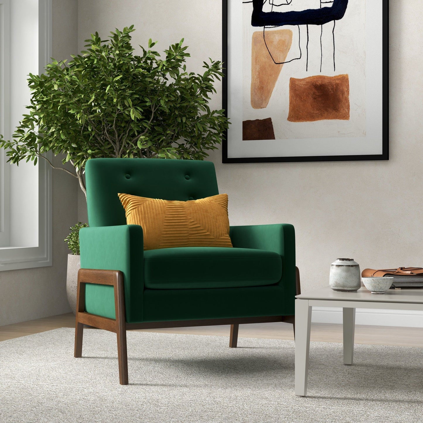 Cole - Solid Wood Lounge Chair - Green Fabric
