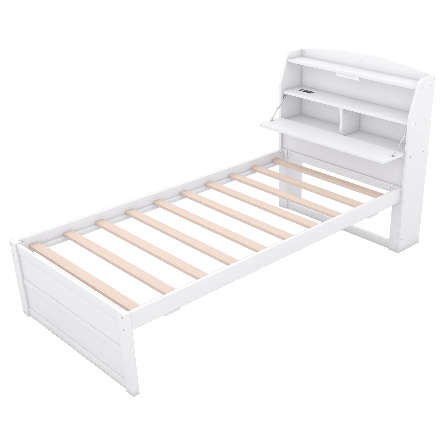 Twin Size LED Platform Bed With Trundle With Storage Headboard With Drawers - White