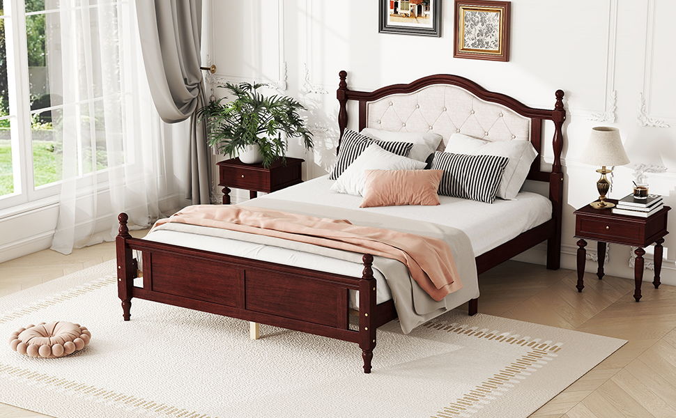 Queen Pine Wooden Bed With Upholstered Headboard And Panel Footboard, With Two Bed Rail Support Feet And Central Platform Support Feet, Classic - Cherry