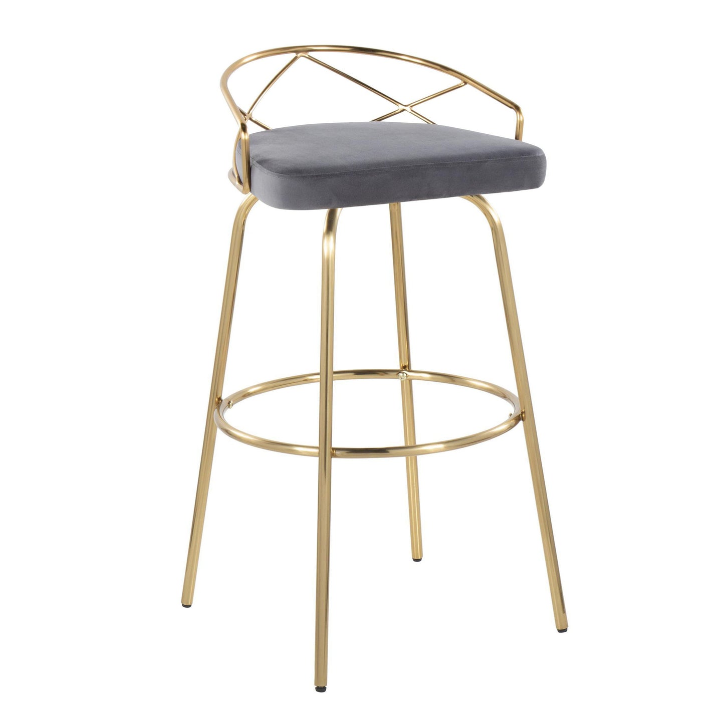 Charlotte - Glam Glam / Art Deco Fixed Height Barstool With Swivel With Round Footrest (Set of 2) - Gold / Gray