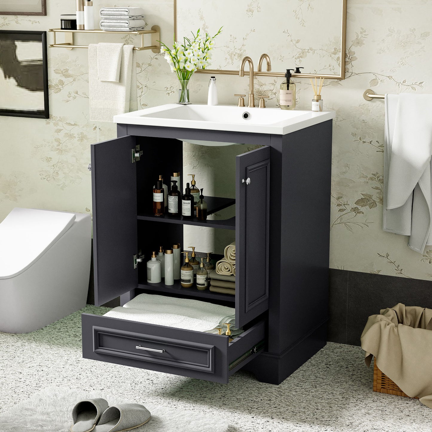 Bathroom Vanity With Ceramic Sink Combo, Modern Freestanding Storage Cabinet With Silver Handles, Soft Closing Doors - Blue Gray