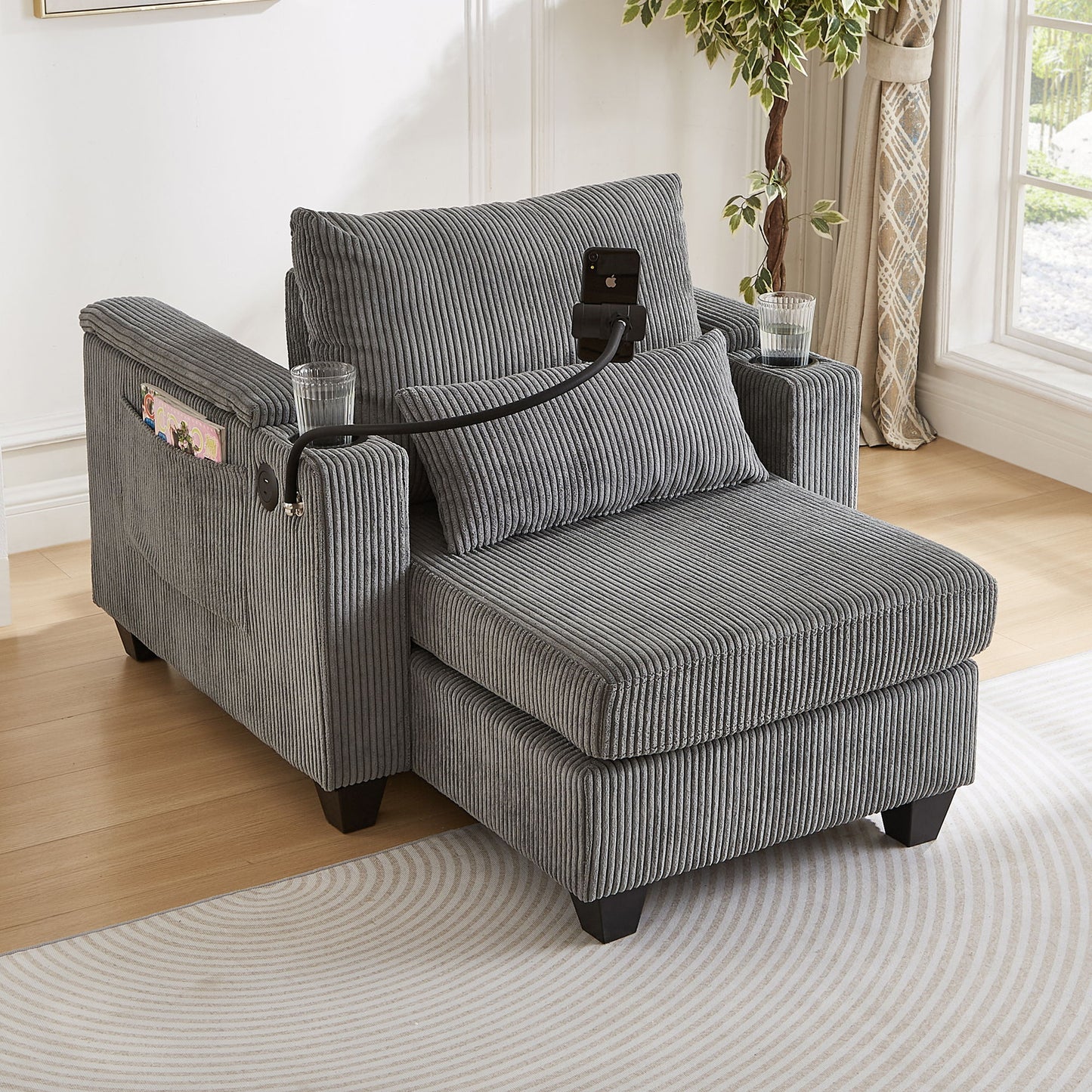 Convertible Chaise Lounge Sofa Chair Corduroy Sleeper With USB Ports, Cup Holders, Storage - Gray