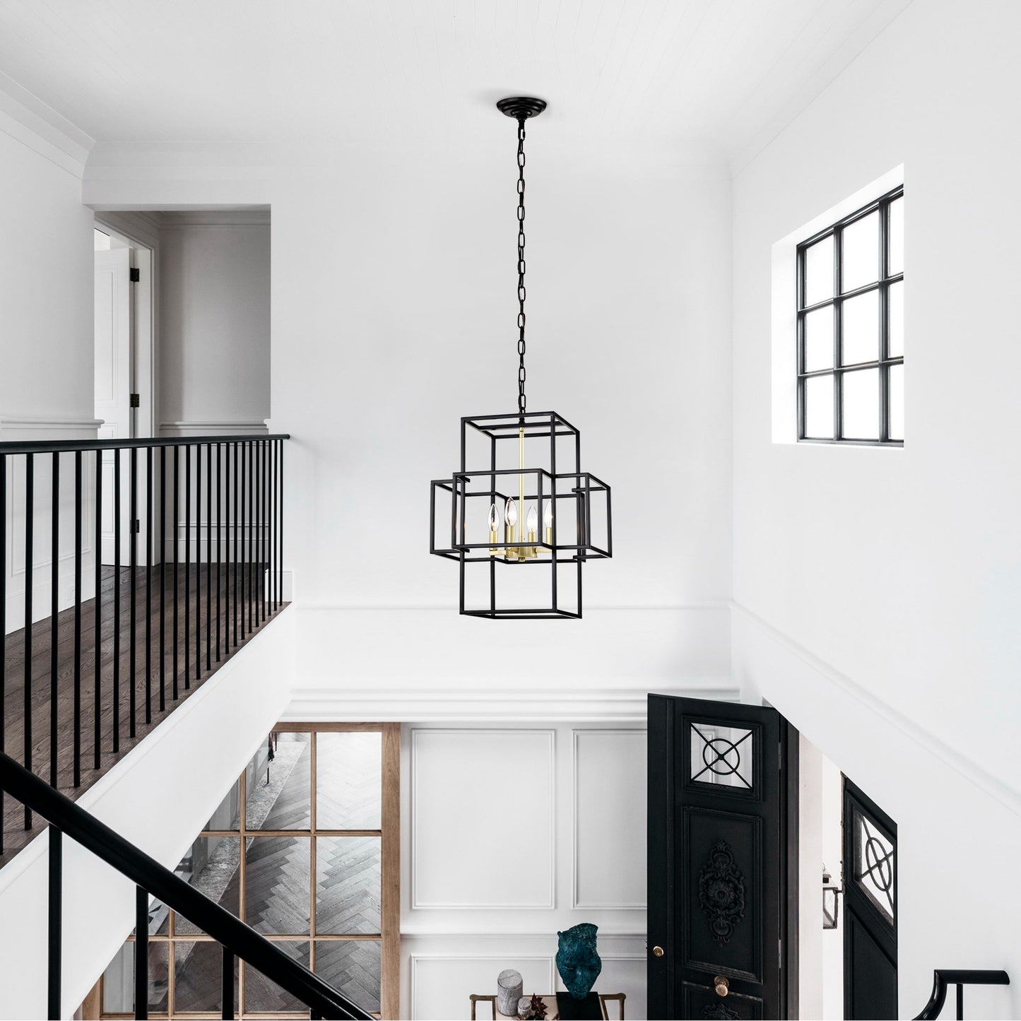 4 Light Metal Lantern Tiered Pendant Hanging Light Fixtures, Industrial Farmhouse Adjustable Height Chandeliers For Dining Room Hallway Foyer Entryway (E12 Bulbs Not Included) - Matte Black / Gold