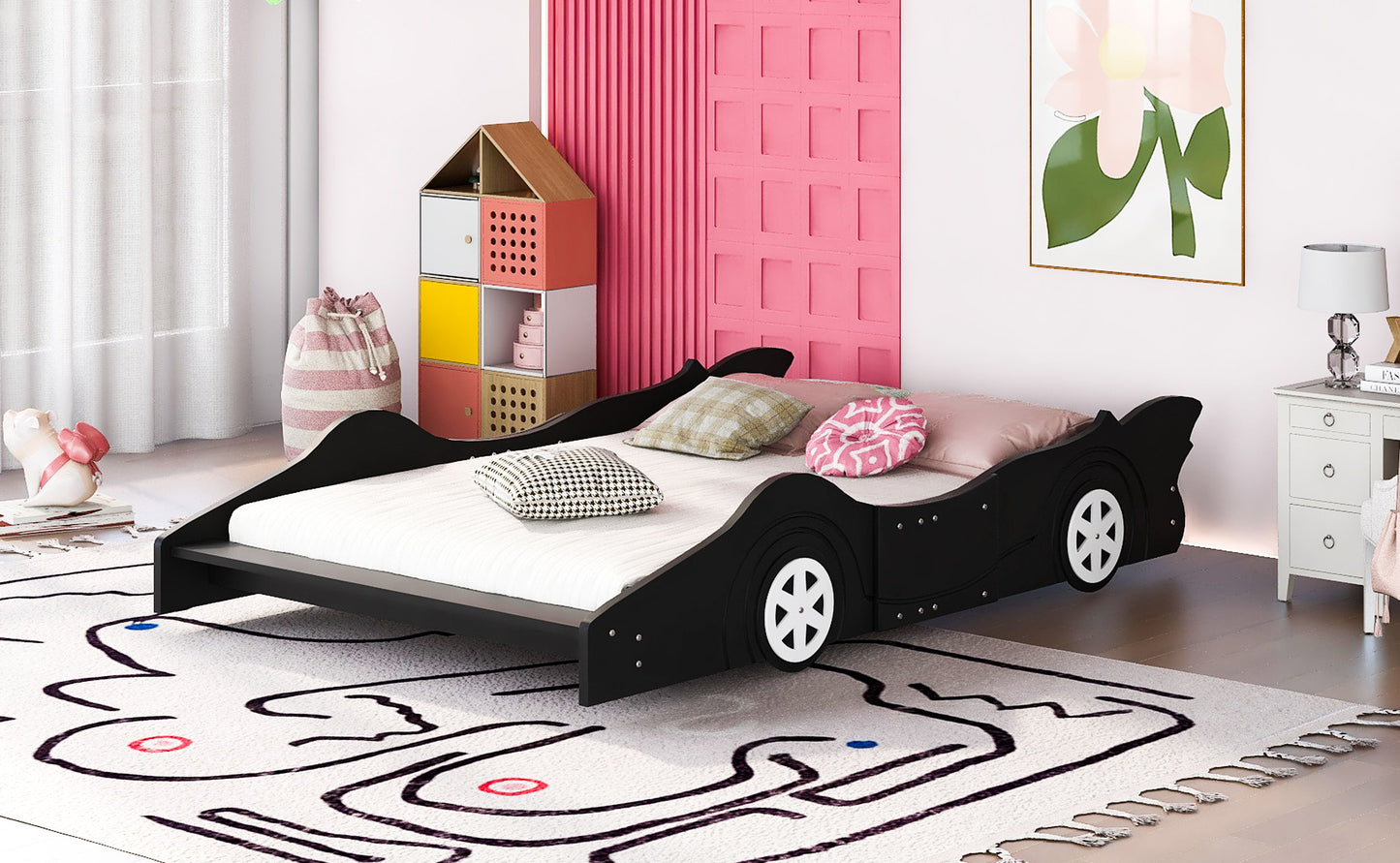 Full Size Race Car Shaped Platform Bed & Wheels - Black
