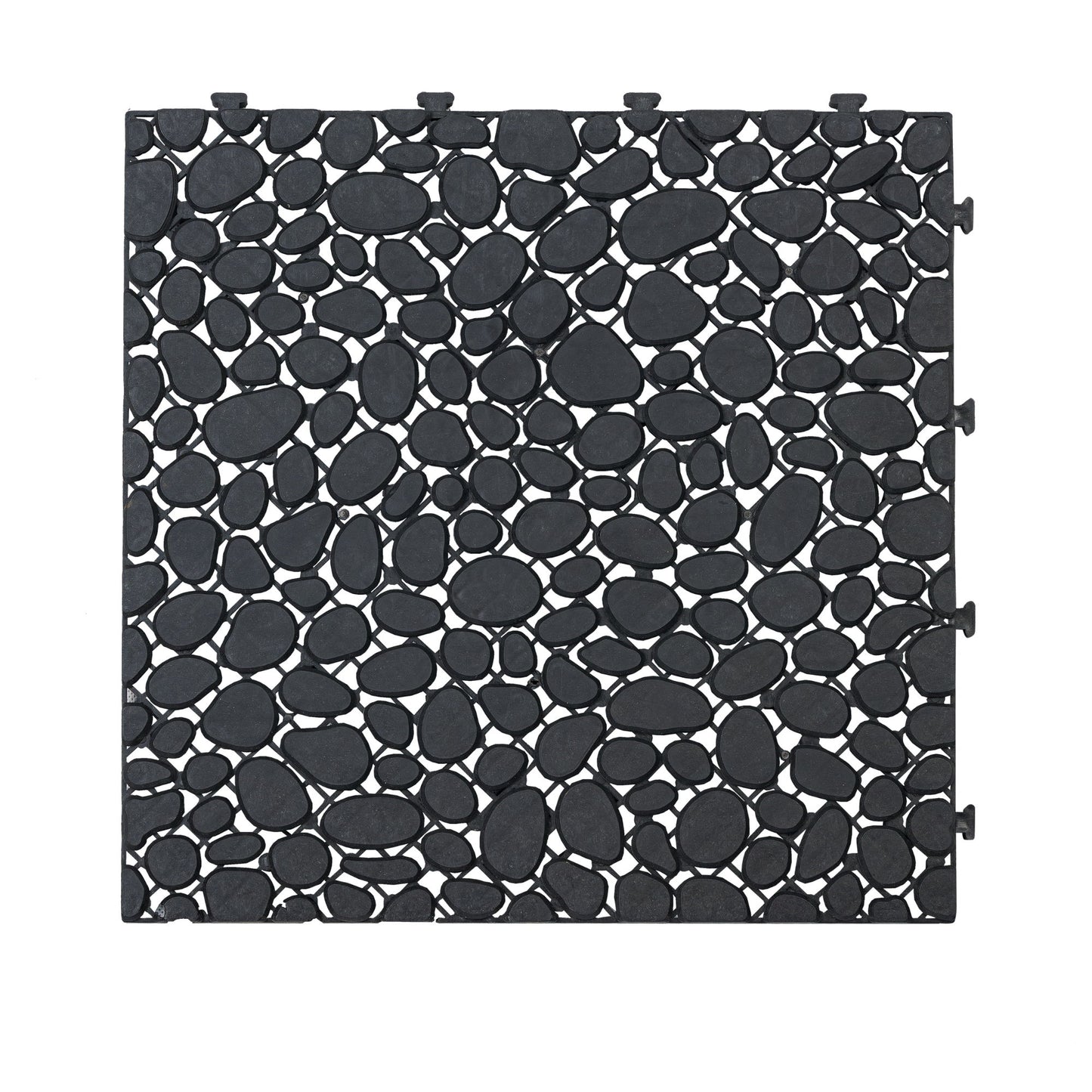 Interlocking Deck Tiles Plastic Waterproof Outdoor All Weather Anti-Slip Bathroom Shower Balcony Porch Strong Weight Capacity Upto 440 Lbs, Pebble Stone Pattern Pack Of 12 - Black