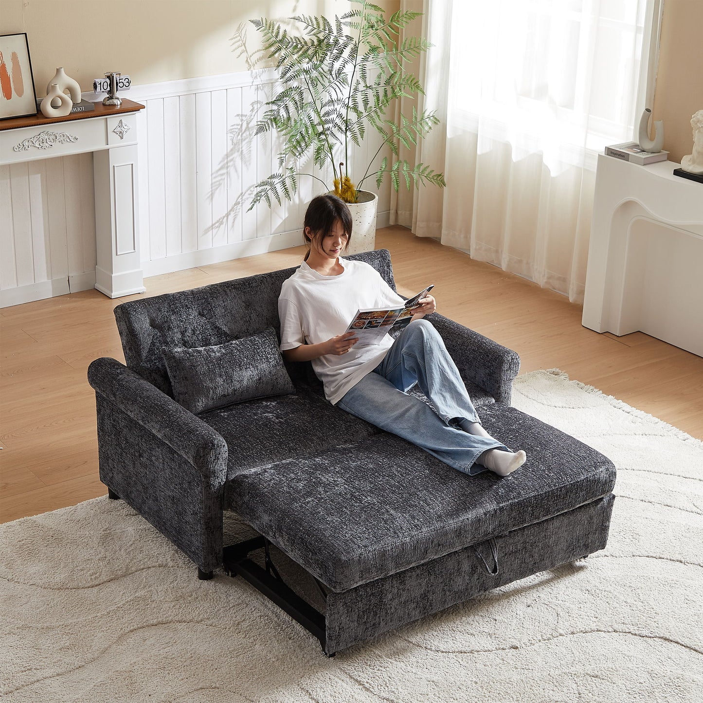 3 In 1 Loveseat Sofa Bed Chenille Fabric Pull Out Couch Sleeper Full Back Frame, Seat Frame, Armrests & 2 Pillows - Dark Gray
