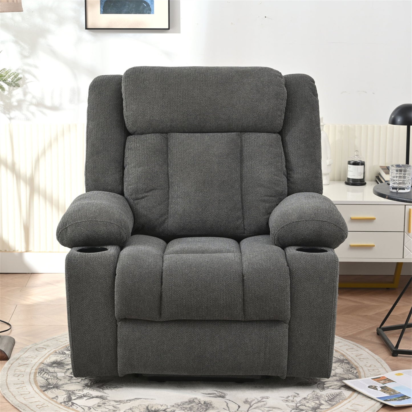 Power Lift Recliner Chair - Fabric Single Sofa With Extended Footrest, Remote Control, Cup Holders, And Side Pockets For Living Room Or Home Theater - Dark Gray