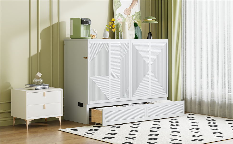 Full Size Murphy Bed With Large Drawer, USB Ports And Outlets - White