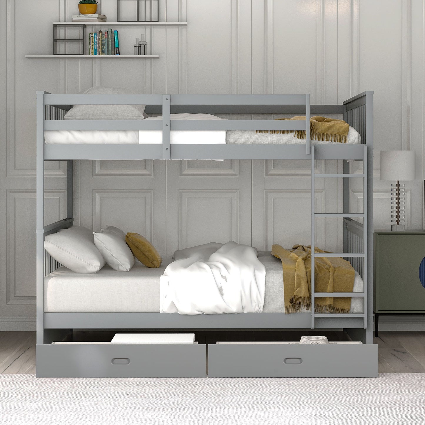Full Over Full Bunk Bed With Ladders And 2 Storage Drawers - Gray