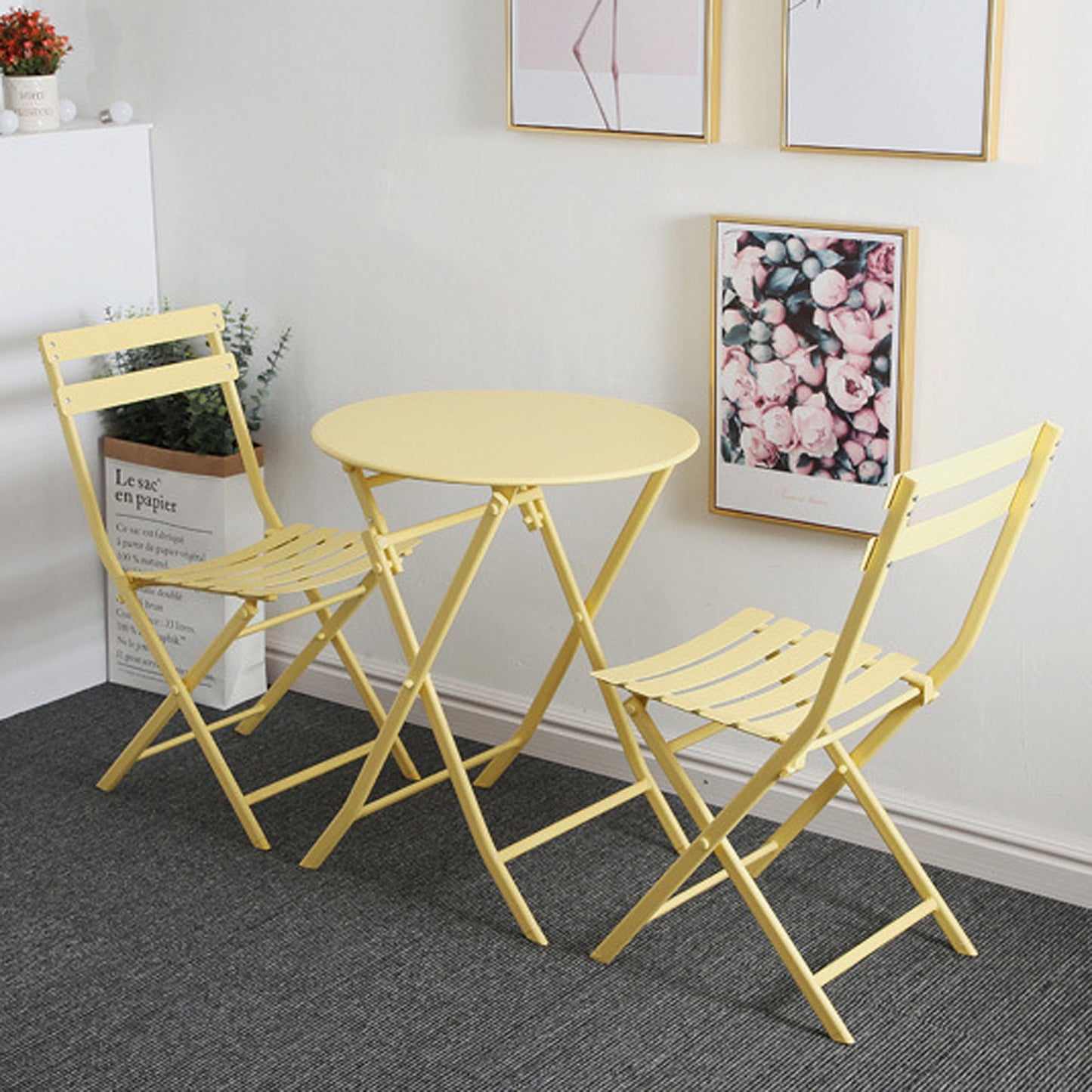 3 Piece Patio Bistro Set Of Foldable Round Table And Chairs - Yellow