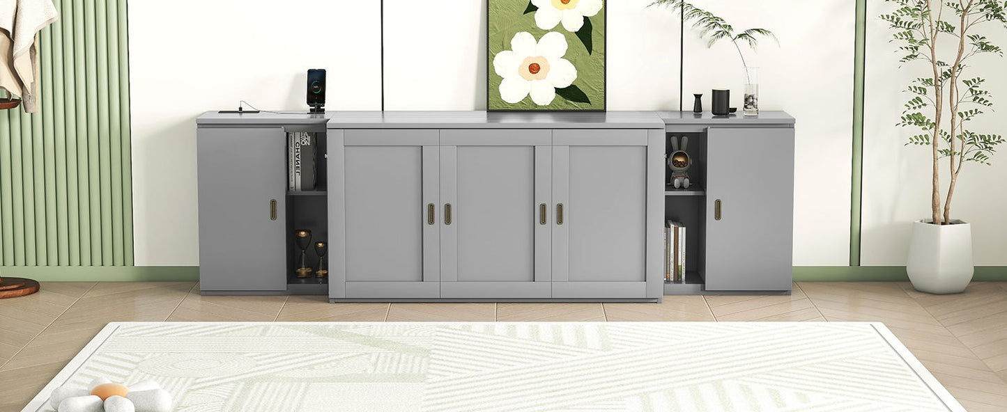 Queen Size Murphy Bed With Shelves, Cabinets And USB Ports - Gray