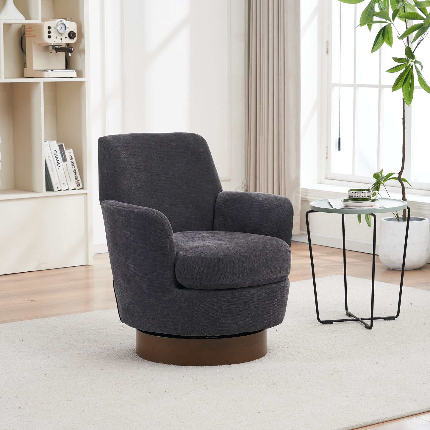 Swivel Barrel Chair, Swivel Accent Chairs Armchair For Living Room, Reading Chairs For Bedroom Comfy, Round Barrel Chairs With Gold Stainless Steel Base - Dark Gray