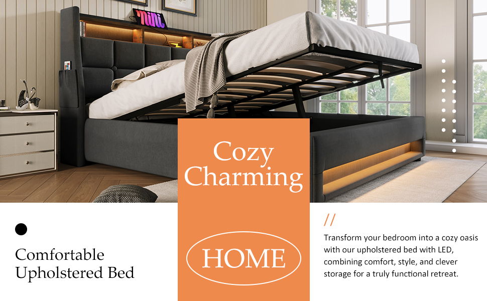 Full Size Upholstered Platform Bed With A Hydraulic Storage System, LED And USB Charging (Without Mattress) - Gray