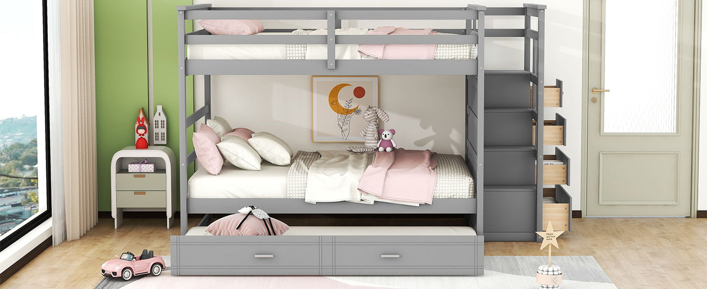 Full Over Full Bunk Bed With Twin Size Trundle And Staircase - Gray