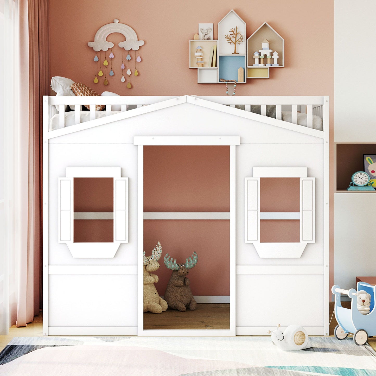 Full Size House Loft Bed With Ladder - White