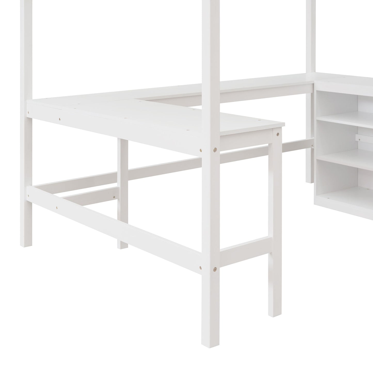 Full Size Loft Bed With Shelves With Desk - White