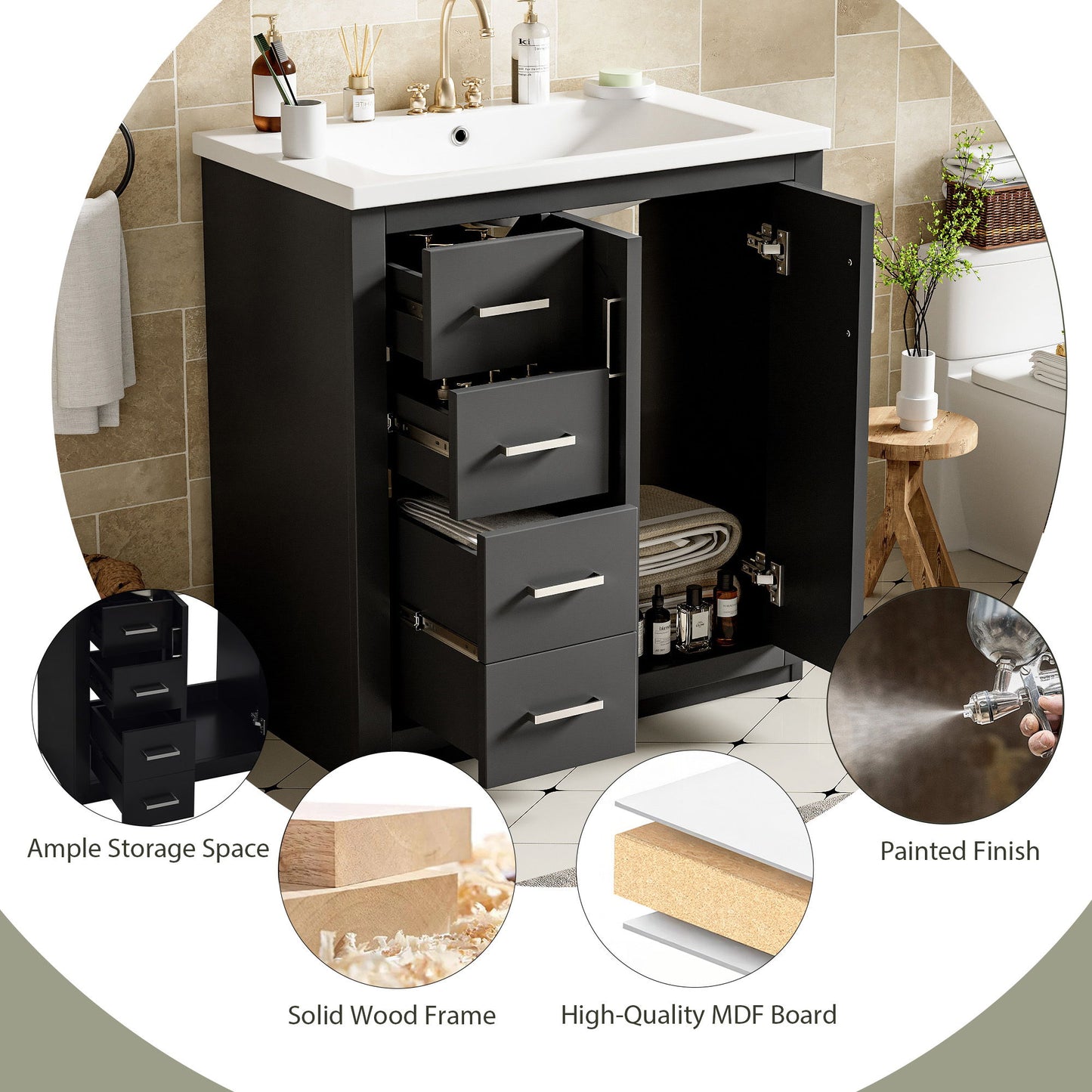 Bathroom Vanity With Ceramic Sink Combo, Frame Bathroom Storage Cabinet, Freestanding Vanity Set With 3 Drawers & Soft Closing Doors - Black