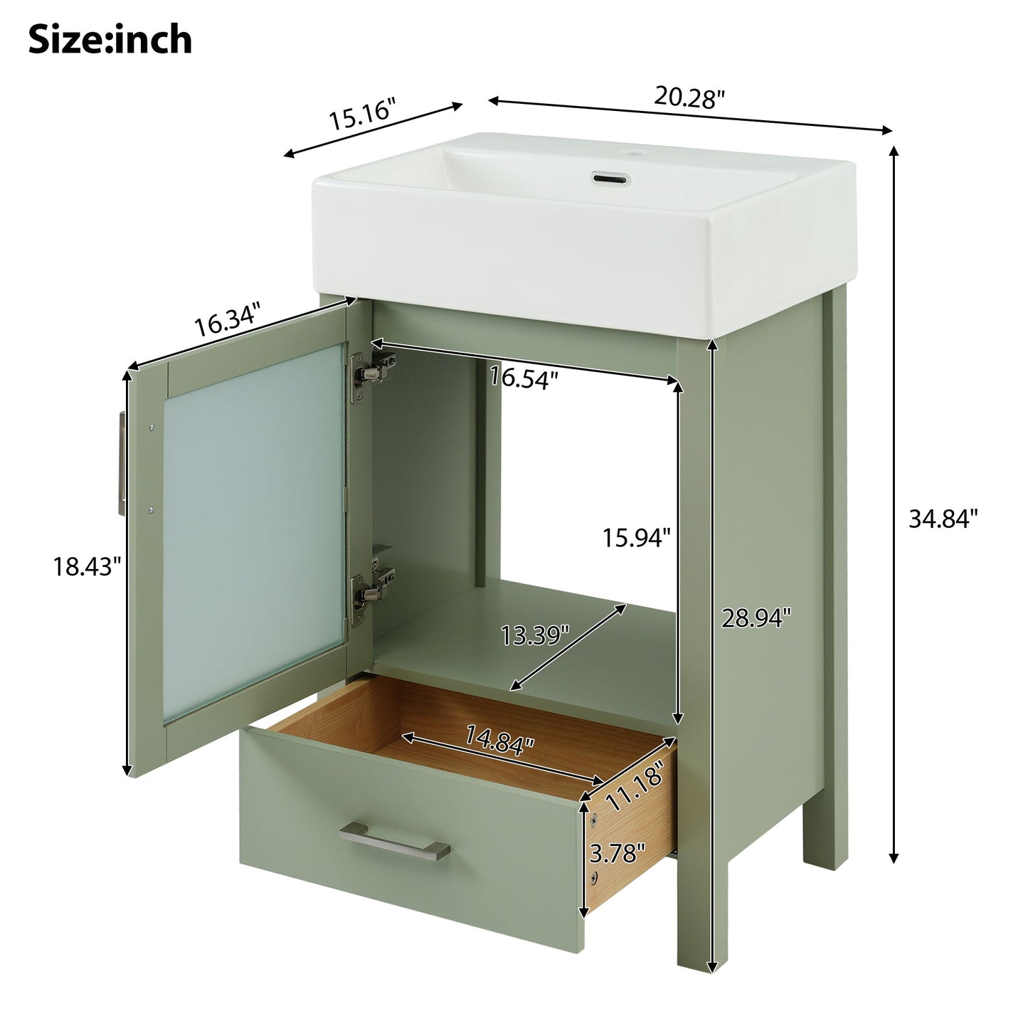 Bathroom Vanity With Ceramic Sink And Ample Storage, Ideal For Small Bathrooms - Green