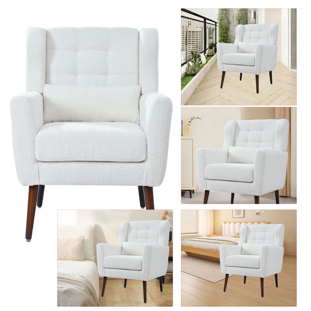 Modern Accent Chair, Teddy Fabric Living Room Chairs Comfy Reading Chair, Mid Century Accent Chair, Lounge Arm Chairs Armchair For Living Room Bedroom - White