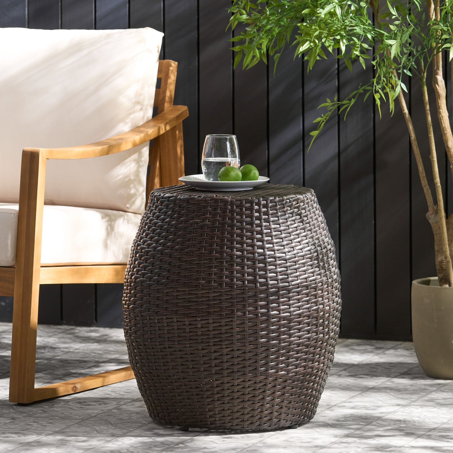 Outdoor Wicker Patio Side Table - Brown Multi
