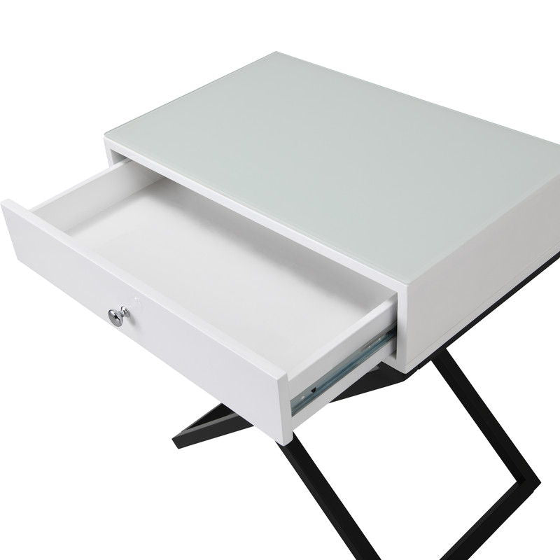 Koda - Wooden End Side Table Nightstand With Glass Top, Drawer And Metal Cross Base - White