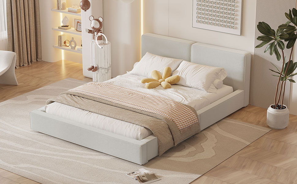Queen Size Upholstered Platform Bed, Grounded Bed With Solid Frame - Beige