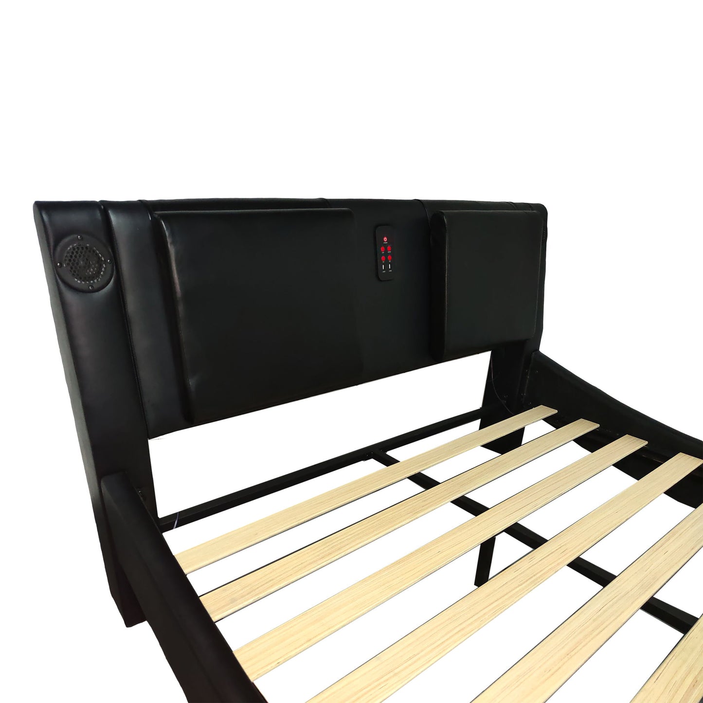 King Size Upholstered Platform Bed Frame With LED Lighting, Bluetooth Connection To Play Music Control, Backrest Vibration Massage, Curve Design, Wood Slat Support, Exhibited Speakers - Black