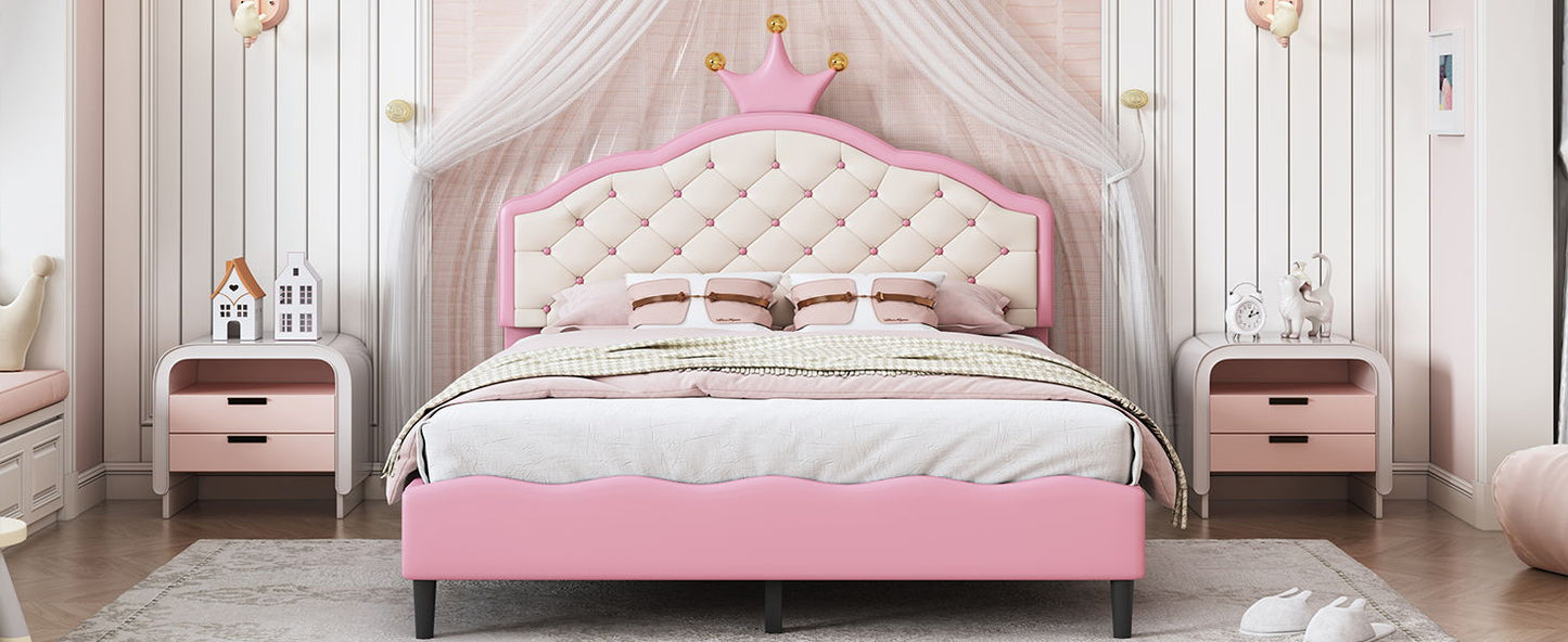Full Size Lovely Crown Fantasy Leather Princess Bed With Tufted Headboard - Pink / Cream