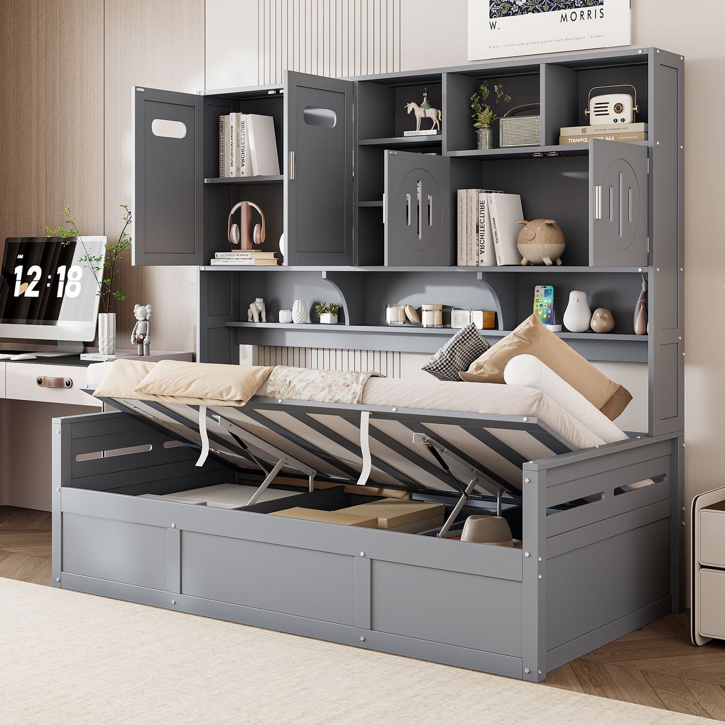 Twin Size Wooden Daybed With Hydraulic Bed And All In One Cabinet And Shelf - Gray