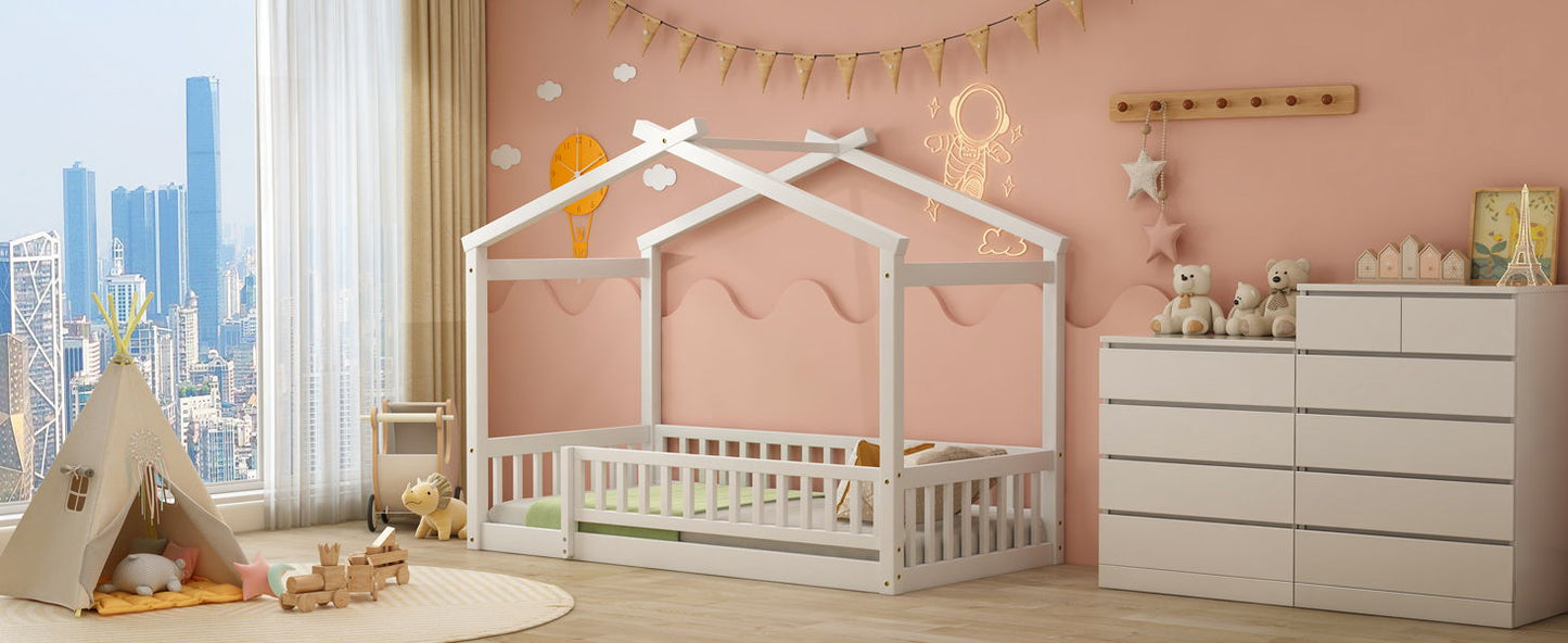 Twin Size Bed House Bed Frame & Fence - White