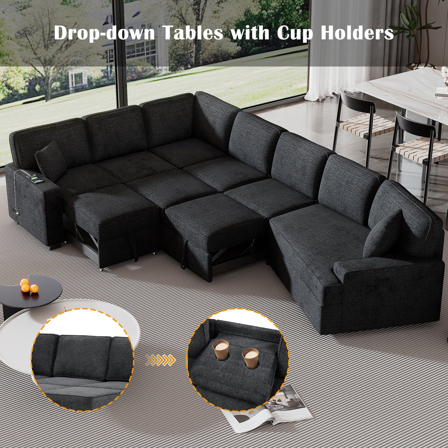 L-Shaped Sofa Sectional Sofa Couch Pull-Out Sofa Bed With Charging Devices And Cup Holders For Living Room - Blue Black