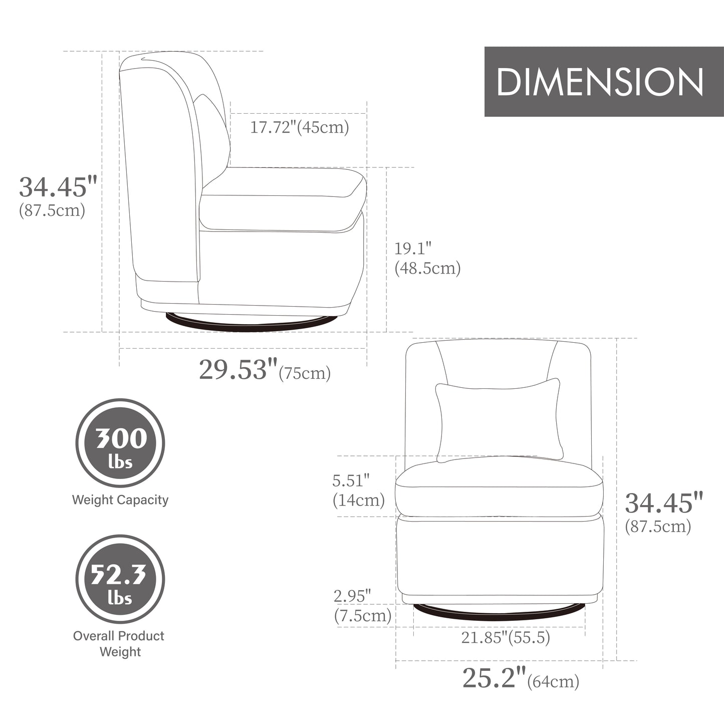 Modern Cushioned Armless Metal Base 360 Degree Swivel Chair With Pillow, Suitable For Living Room, Family Room, Bedroom, Lounge Area, Office - Gray