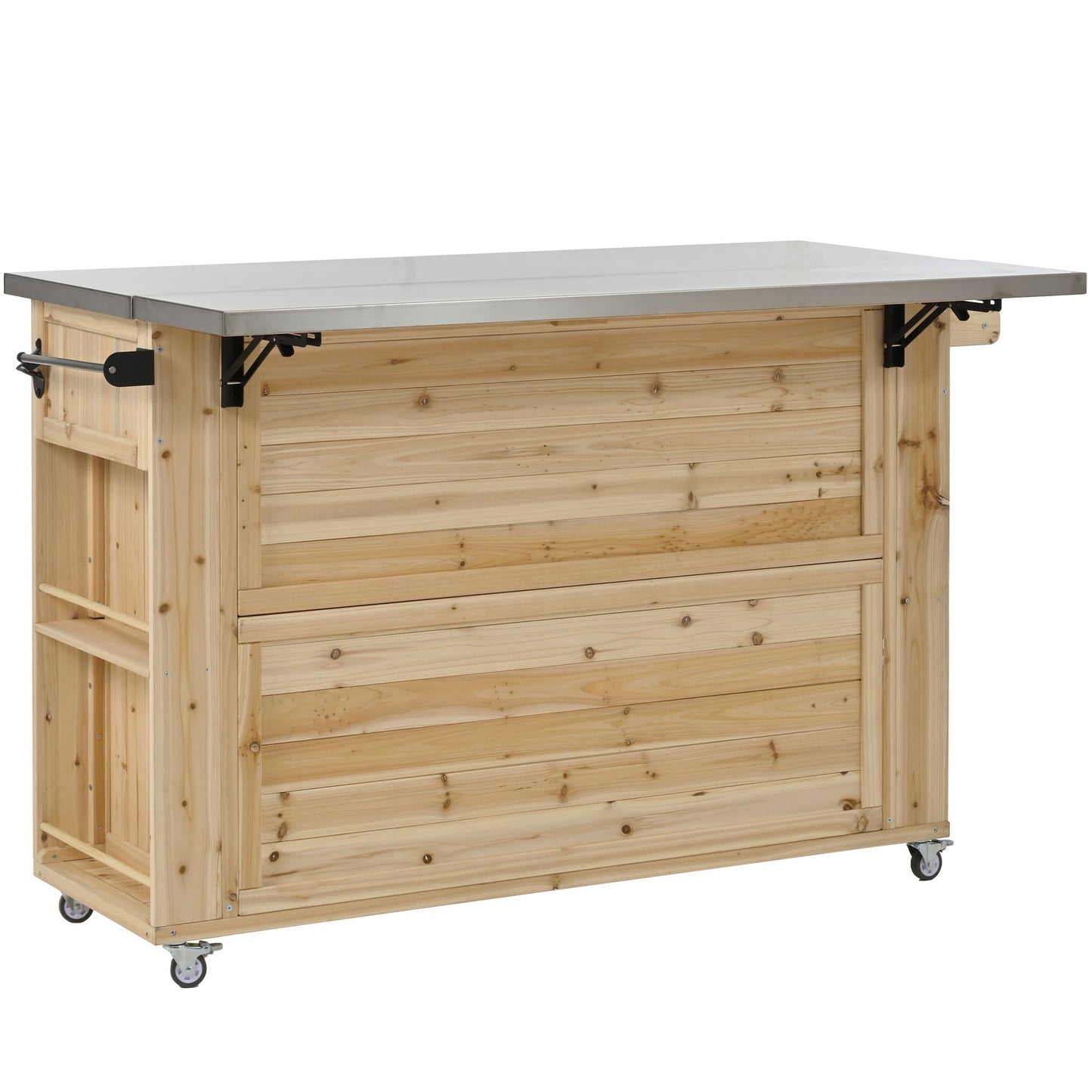 Outdoor Kitchen Island Fir Wood Kitchen Island With Stainless Steel Top, Ample Storage Space, Towel And Spice Racks And A Bottle Opener For Outdoor - Natural
