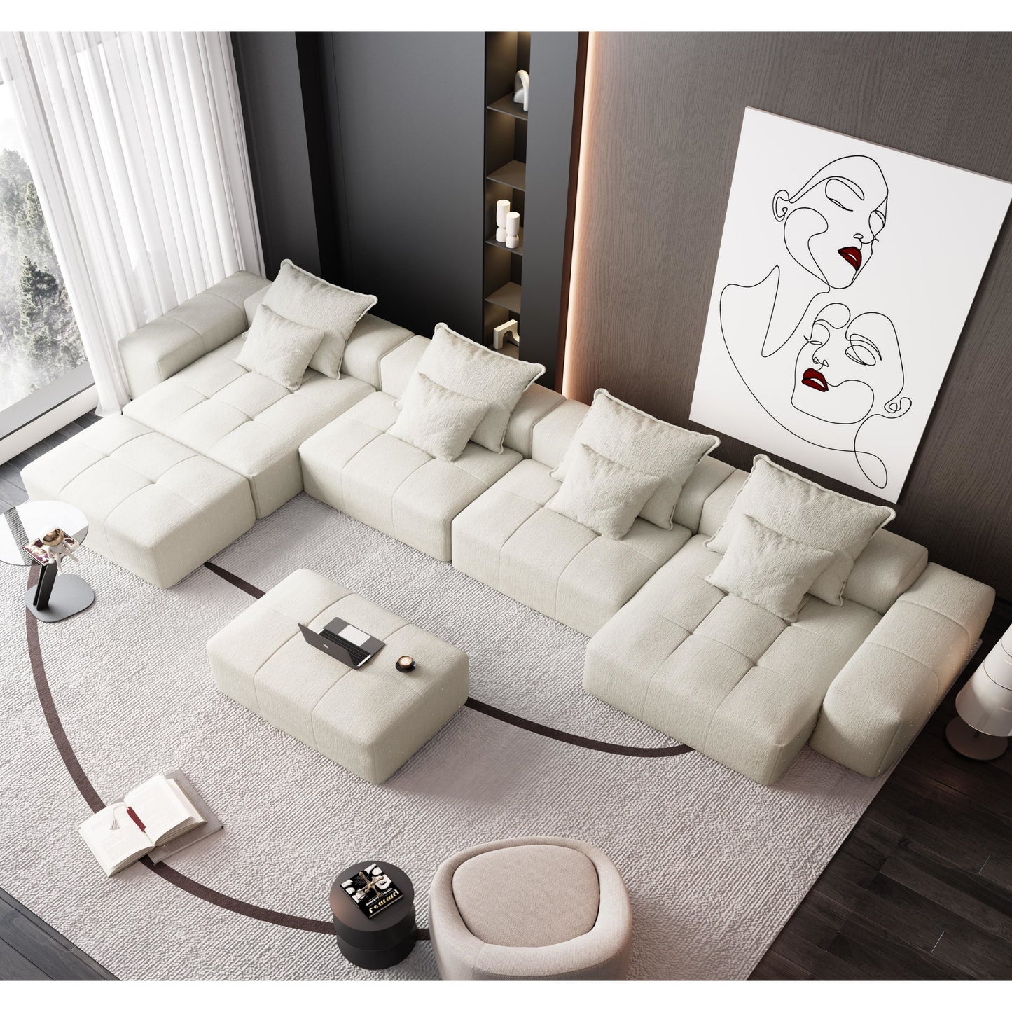 Modern Oversized Modular Sectional Sofa, Sparkling Chenille Fabric Soft Cushion Sofa With 8 Pillows, 8 Pieces Diy Combination Tufted Sofa, No Assembly Required - Beige